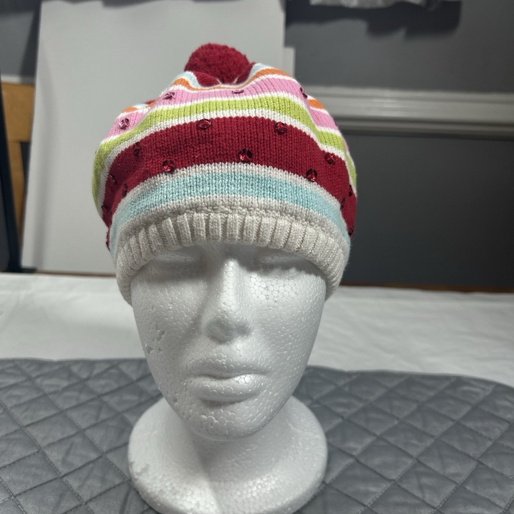 Gymboree Girls Striped Sequin Pom Pom Beanie Hat Size 5-7 Knit Cotton